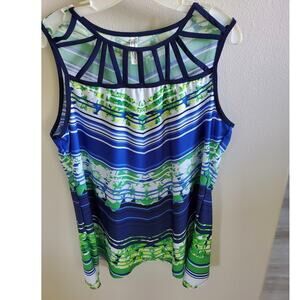Dressy Cage Cutout Sleeveless Top Blue Green White PerSeption Concepts Size XL